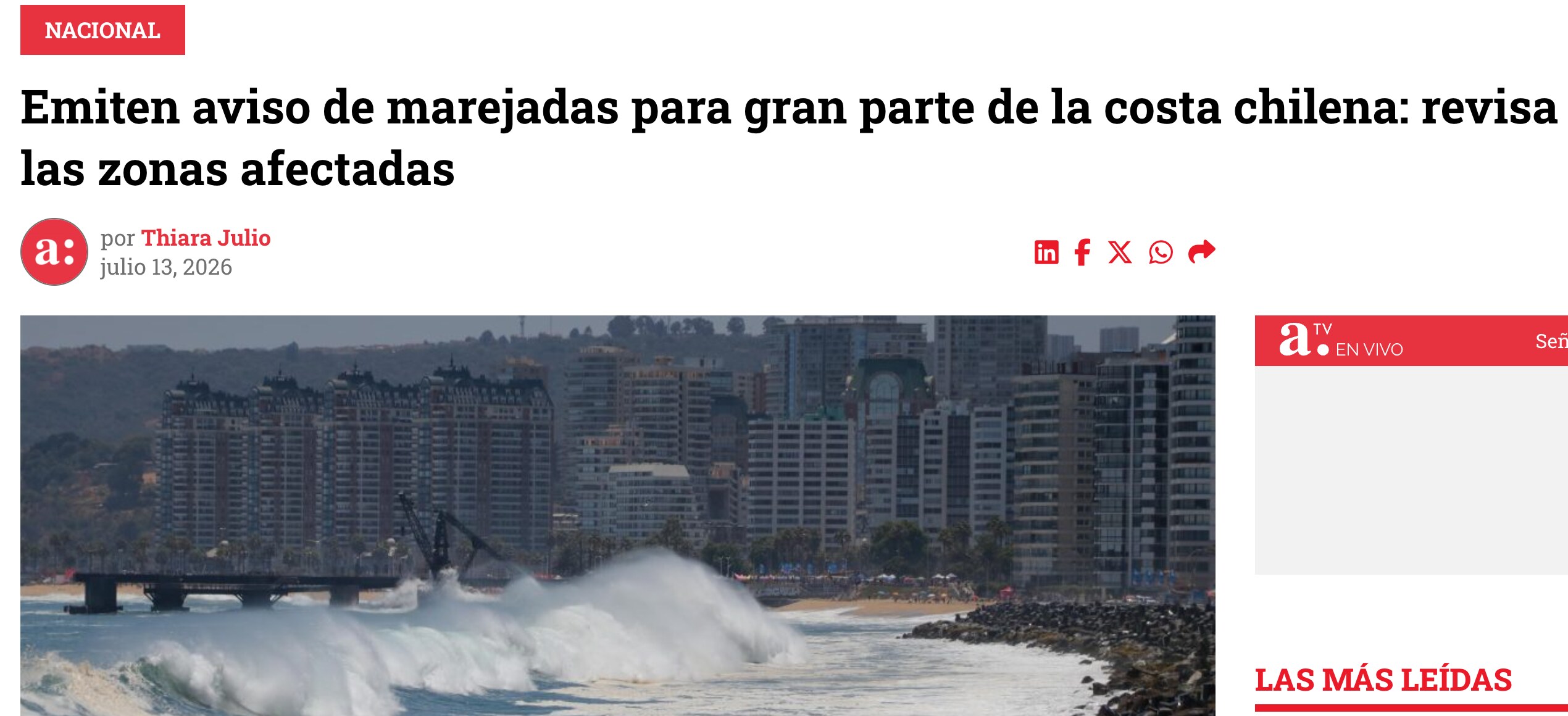 Print da notícia da Radio Agricultura sobre o aviso de marejadas