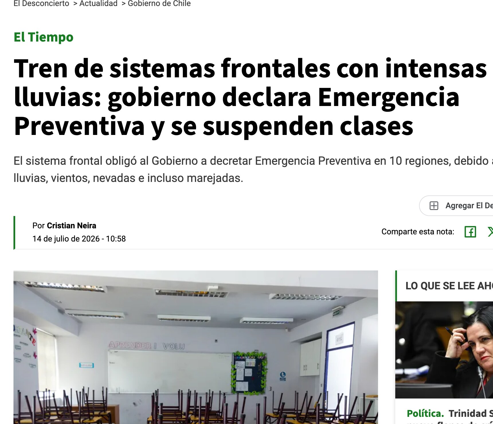 Print da notícia do El Desconcierto sobre a emergência preventiva