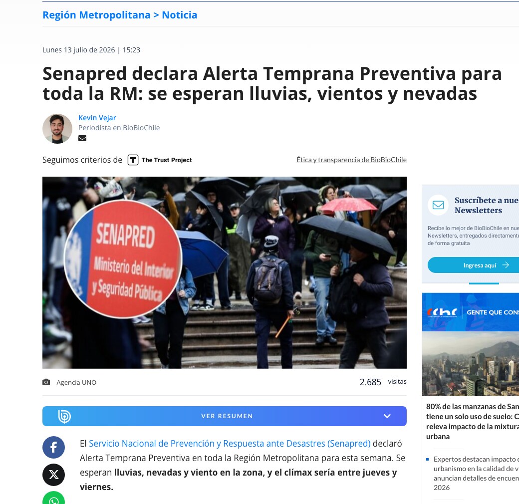 Print da notícia do BioBioChile sobre o alerta do SENAPRED