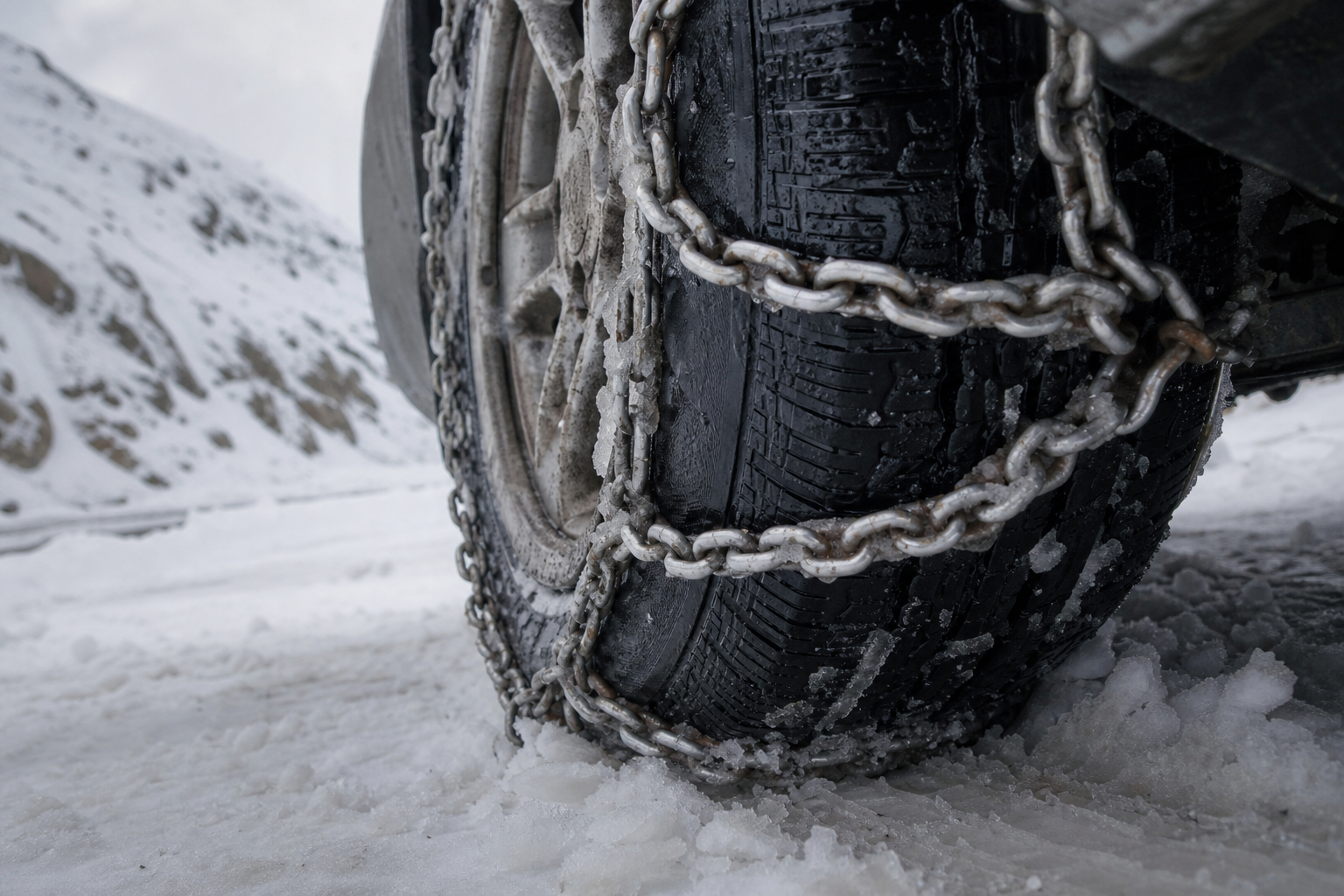 Pneu com correntes na neve da estrada da montanha