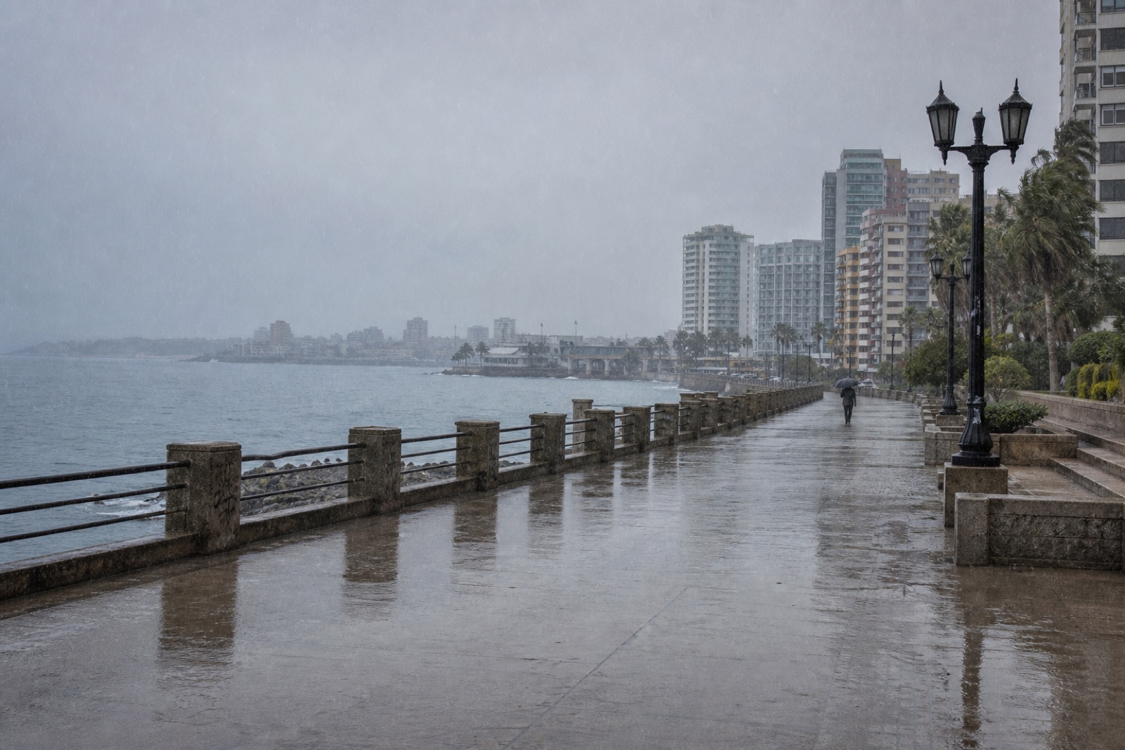 Chuva caindo sobre a orla de Viña del Mar num dia de inverno