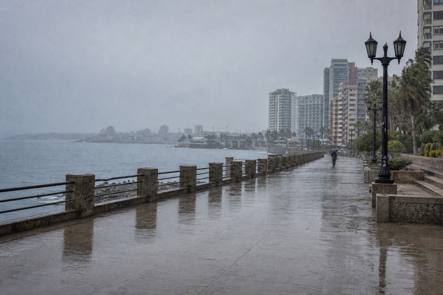 Chuva caindo sobre a orla de Viña del Mar num dia de inverno