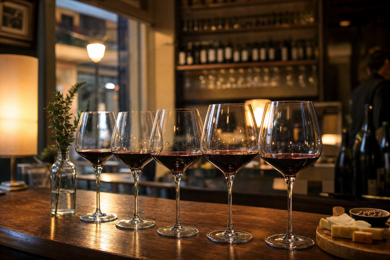 Wine bar urbano em Santiago com taças de vinho